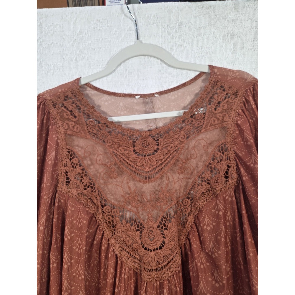 Vici Lace Inset Babydoll Blouse Womens Sm Rust Geometric Print Boho Peasant Top - Picture 3 of 7